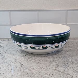 Vintage Gibson China Housewares 10” Serving Bowl White W/ Blue Green Stripe Rim